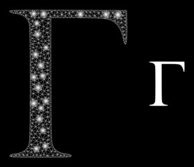 Gamma Greek letter icon and glowing mesh Gamma Greek letter structure with glowing light spots. Illuminated constellation is done using Gamma Greek letter vector icon and triangulated mesh.
