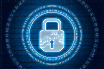 Digital blue lock icon interface with circle binary numders