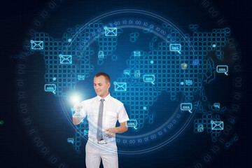 Businessman pressing a envelope icon on a world map interface