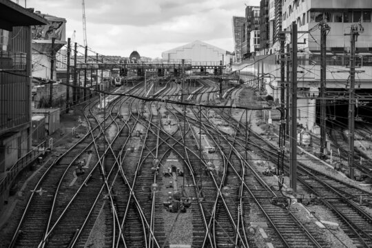 View of rail tracks and intersections at the train station of Austerlitz in Paris FRANCE in black and white