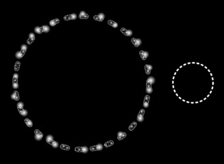 Dashed circle area icon and shiny mesh net dashed circle area model with illuminated spots. Illuminated model created using dashed circle area vector icon and triangle mesh.