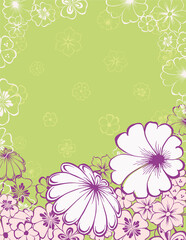 Decorative vector floral greeting card with outlines blooming fantasy flowers