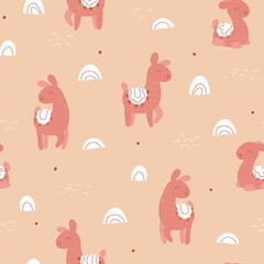 Childish pattern with cute llama. Seamless pattern for fabric, paper, wrapping, clothing, textile, wallpaper. Vector illustration