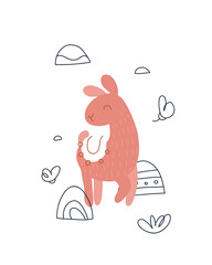 Cute cartoon llama. Print for baby posters, cards, clothes, printable. Vector cartoon illustration. 