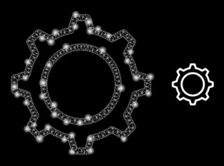 Contour gear icon and bright mesh contour gear model with illuminated spots. Illuminated model done from contour gear vector icon and triangle mesh. Illuminated frame contour gear,