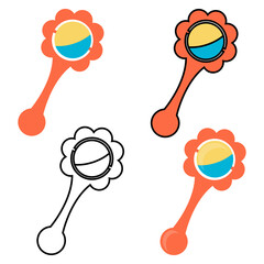 children's toy colorful rattle, coloring book drawing, children's book illustration, flat graphics black outline