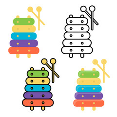 children's toy multicolored xylophone, musical instrument, coloring book drawing, children's book illustration, flat graphics black outline