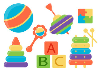 multi-colored icon set children's toy, musical instrument, xylophone, rattle, pyramid, ball, coloring book drawing, children's book illustration, flat graphics black outline