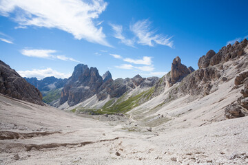 Dolomites landscape, trekking path in high mountain.