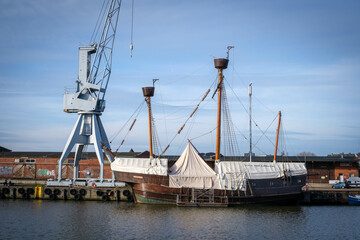 in the harbor of luebeck lies the old school ship