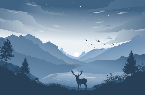 Mountain landscape with deer and river illustration flat design style Stock Vector