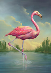 Naklejki  Pink flamingo at sunset