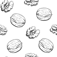 Walnut vector seamless pattern, black and white elements. Hand drawn sketch.Graphic illustration for design packaging, textile, wallpaper, fabric
