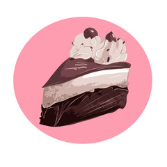 Vector sticker with a piece of cake in brown and beige colors on white background