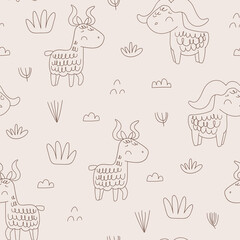 Nursery seamless pattern with buffalo, antelope in linear style. Safari coloring pattern. Childish pattern for fabric, wrapping, clothing, textile, wallpaper, pajamas, kids apparel, beddings. Vector