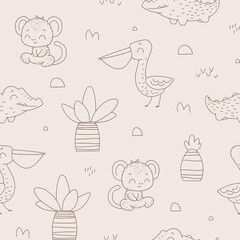 Nursery seamless pattern with safari animals in linear style. Safari coloring pattern. Childish pattern for fabric, wrapping, clothing, textile, wallpaper, pajamas, kids apparel, beddings. Vector