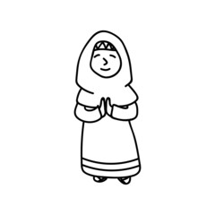 Muslim girl prays. Vector illustration in doodle style. Ramadan sketch.