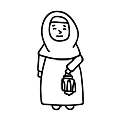 Muslim girl with a lantern. Vector illustration in doodle style. Ramadan sketch.