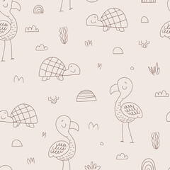Nursery seamless pattern with turtle, bird. Safari coloring pattern. Childish pattern for fabric, wrapping, clothing, textile, wallpaper, pajamas, kids apparel, beddings. Vector