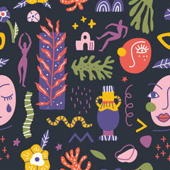 Abstract shapes seamless pattern. Background illustration of flat matisse style art wallpaper. Backdrop design for fashion fabric or modern trend print with hand drawn contemporary elements