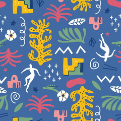 Seamless pattern with abstract geometric shapes in Matisse style. Various Shapes and objects. Creative hand drawn contemporary doodle elements flowers, plants, zigzag, lines, for fashion,