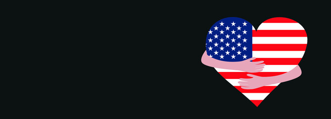 Obraz premium Love USA. United States of America independence day greeting card with hugging heart. Valentine's Day. Sweet and emotional simple national holiday vector illustration. Celebrating freedom and unity.