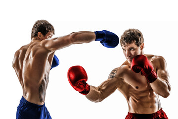 Fototapeta na wymiar Creative collage of professional boxers who fighting. Red corner. Blue corner 