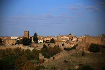 Fototapeta premium Panorama of the city from the Church of San Pietro, in warm colors at dusk, against the darl blue sky, Tuscania, Tuscia, Lazio, Italy 