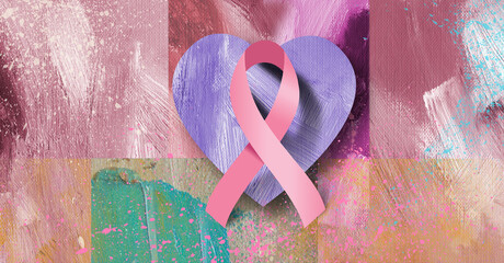 Graphic cancer ribbon and heart icons in an abstract brushstroke background - Powered by Adobe