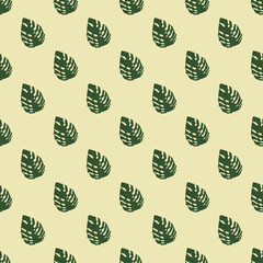 Seamless pattern with tropical leaves. Abstract cute pastel pattern with monstera. Beige background with green plants.