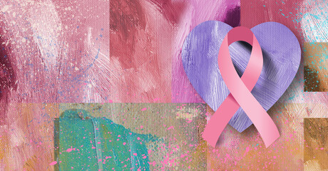 Graphic cancer ribbon and heart icons as abstract brushstroke background