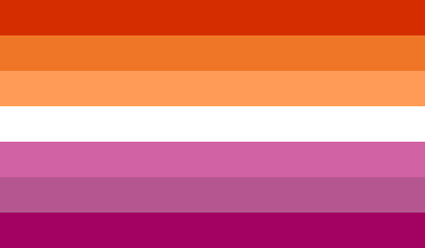 Orange-pink lesbian flag derived from the pink flag, circulated on social media in 2018. Seven-striped lesbian flag