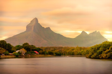 Rempart river and mountain at dusk Mauritius