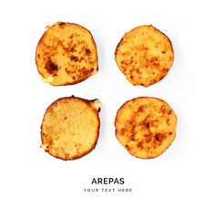 Creative layout made of arepa. Flat lay. Food concept. Arepas on white background.