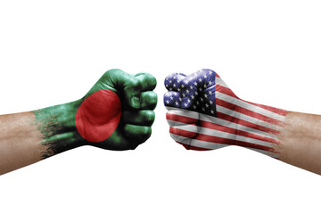 Two hands punch to each others on white background. Country flags painted fists, conflict crisis concept between bangladesh and usa - obrazy, fototapety, plakaty