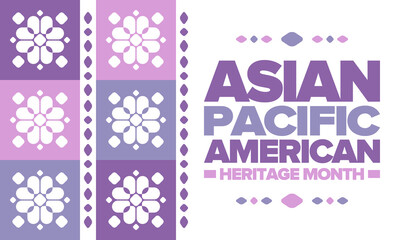 Asian Pacific American Heritage Month in May. Сelebrates the culture, traditions and history of Asian Americans and Pacific Islanders in United States. Vector poster. Illustration with east pattern
