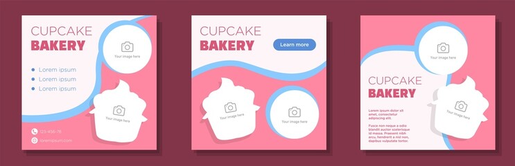Cupcake bakery social media post, square banner set, sweet delicious muffin advertisement concept, cake pastry marketing ad, modern flyer, isolated on background.