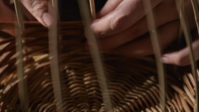 closeup of hands weaving a basket from willow branches