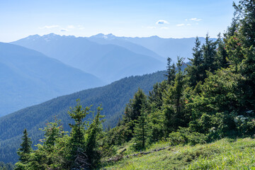 Sunny view of the Cascade Mountains from the Hurricane Hill hiking trail in Olympic National Park