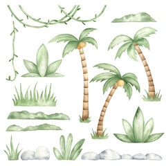 Watercolor tropical flowers, plants, greenery. Design elements for kids decor.