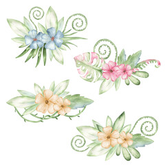 Watercolor tropical flowers and greenery bouquets. Arrangements for kids decor.