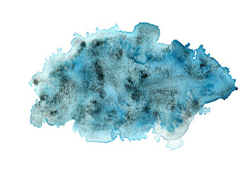 Bright blue and black textured watercolor shape background. Unique gradient watercolour stain illustration, abstract blob for decoration