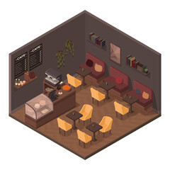 isometric interior of vintage cafe with furniture and equipment, vector illustration