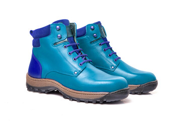 Male blue leather Boots on white background, isolated product. 