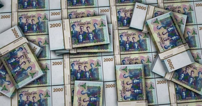 Algerian Dinar banknotes 3d animation. Camera view from close to long distance. DZD money packs. Concept of inflation, economy, crisis, business, banking, debt and finance in Algeria.