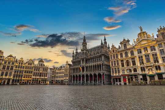 Brussels Belgium, sunset city skyline at famous Grand Place town square