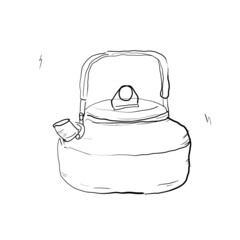 やかん・ケトルのシンプルでゆるい落書き風イラスト。キャンプ関連の塗りなし挿絵／塗り絵／ラフ画／線のみ