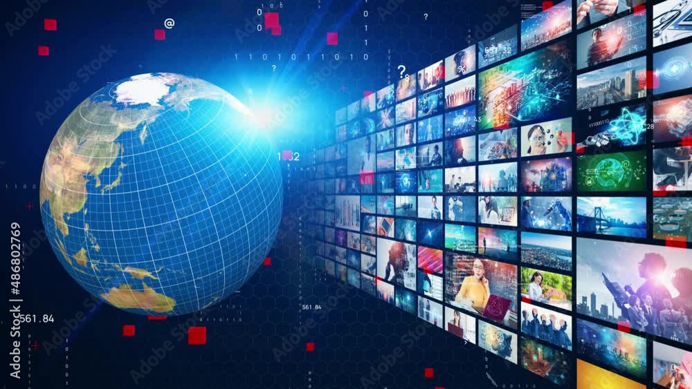 Poster Visual contents concept. Broadcasting. Streaming video. communication network.