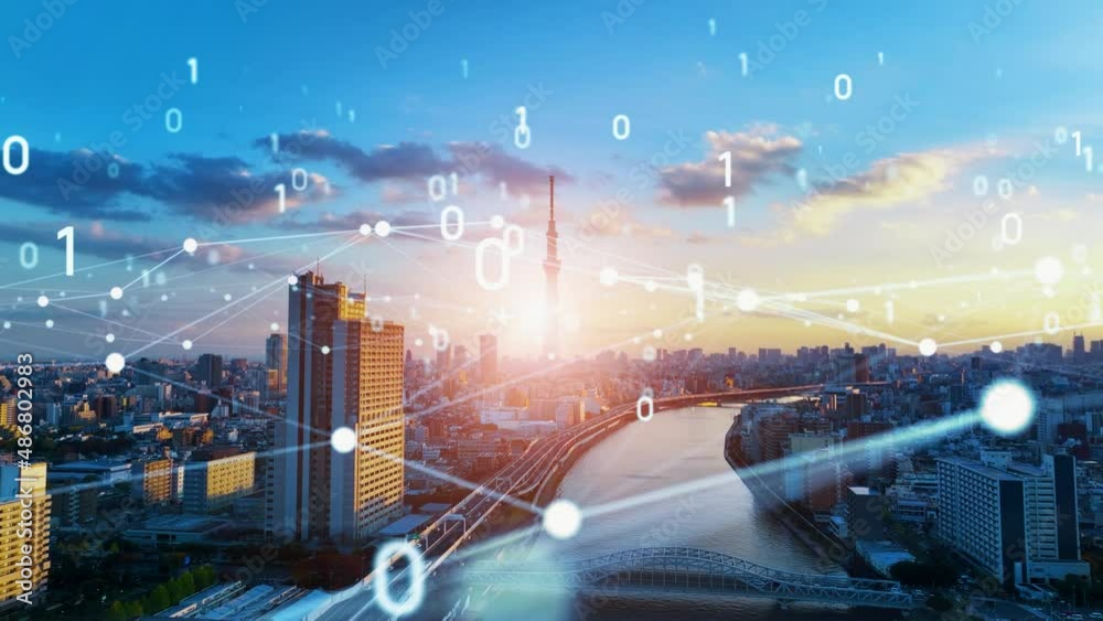 Aufkleber smart city and communication network concept. digital transformation.