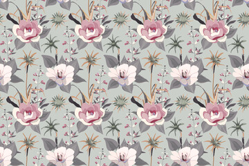 Vector floral seamless pattern. Pink and white pastel flowers, gray leaves on a light gray background.